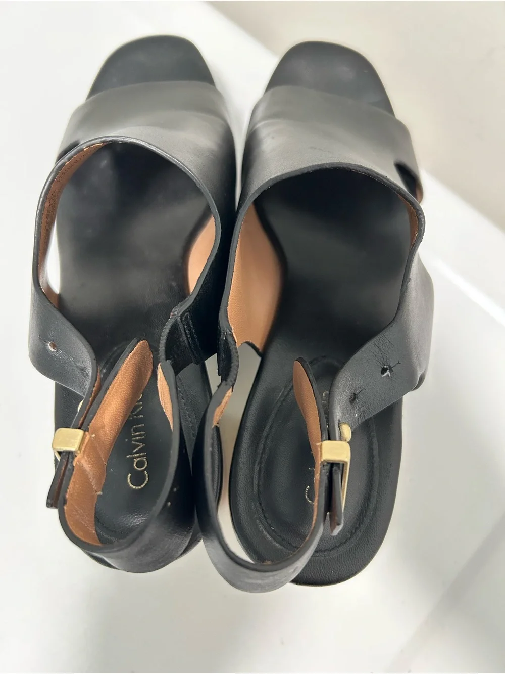 Calvin Klein Iven Platform Sandals Black with Gold Heel Size 9